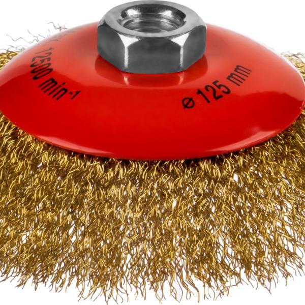 Щетка d=125 мм, коническая для УШМ, витая стальная латунированная проволока 0,3 мм, MIRAX 35143-125